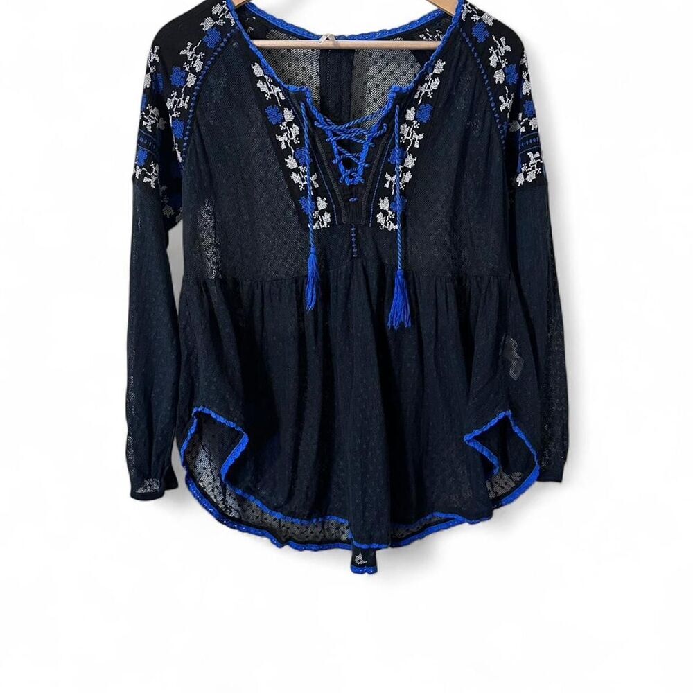 Free People Black and Blue embroidered lace blouse with mesh details Size Small